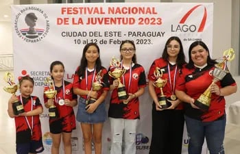Las campeonas nacionales femeninas de Sub 8 a Sub 16, alumnas de la WIM Gabriela Vargas posando a la derecha con el trofeo.