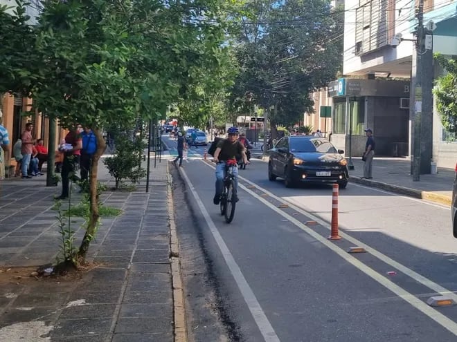 Un ciclista pedalea por el tramo de bicisenda sobre la calle Palma, entre Chile y Alberdi del centro de Asunción.