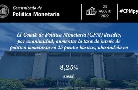 El BCP ajustó nuevamente su tasa de política monetaria a 8,25% en su combate a la presión inflacionaria