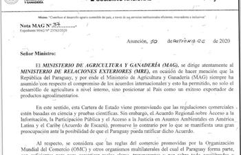 La nota firmada por el ministro de Agricultura y Ganadería (MAG), Santiago Bertoni, dirigida al ministro de Relaciones Exteriores, Antonio Rivas Palacios.