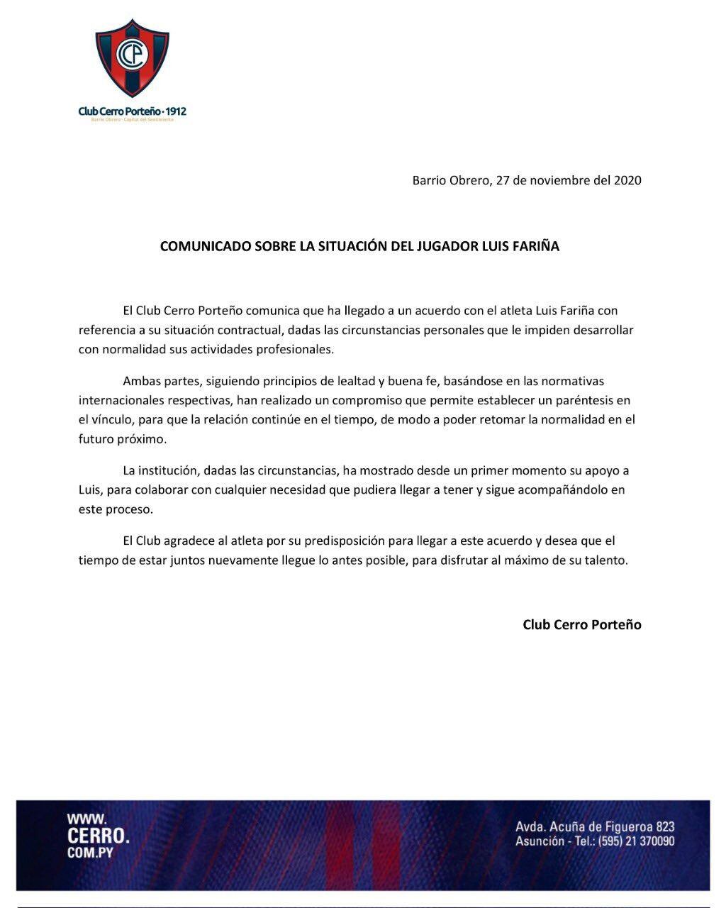 Comunicado de Cerro Porteño en el caso Luis Fariña