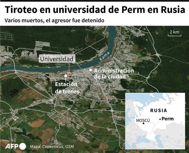 Foto satelital de Perm, en Rusia, localizando la universidad, lugar del tiroteo fatal.