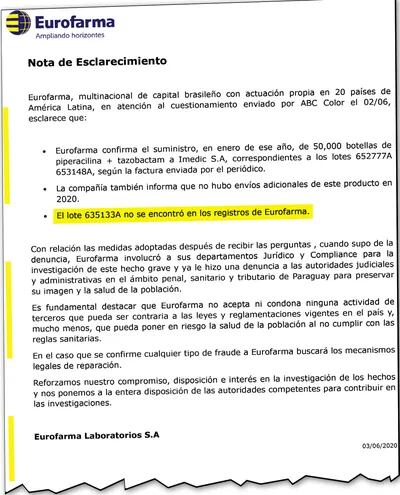 En un primer comunicado, Eurofarma  confirmó que uno de los lotes entregados por el clan Ferreira con su logo no figura en sus registros.