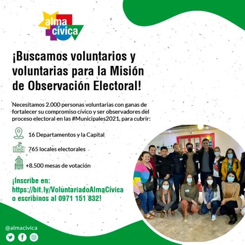 La ONG Alma Cívica busca a 2.000 voluntarios para ser observadores de las próximas elecciones municipales del 10 de octubre.
