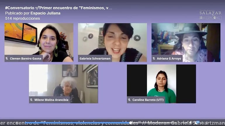 Clemen Bareiro Gaona y Gabriela Schvartzman junto con Milene Molina Arancibia (Chile); Caroline Barreto (Argentina) y Adriana Guzmán (Bolivia).