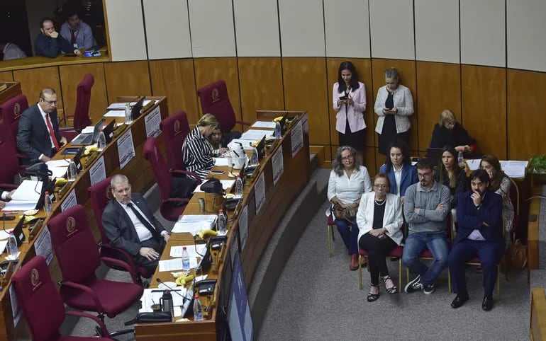 El senador Erico Galeano (ANR, HC) procesado por su supuesto vínculo con el crimen organizado, ubicado en la última fila de la imagen, observa a los familiares del periodista asesinado, Santiago Leguizamón, durante el homenaje que recibieron de la Cámara de Senadores.