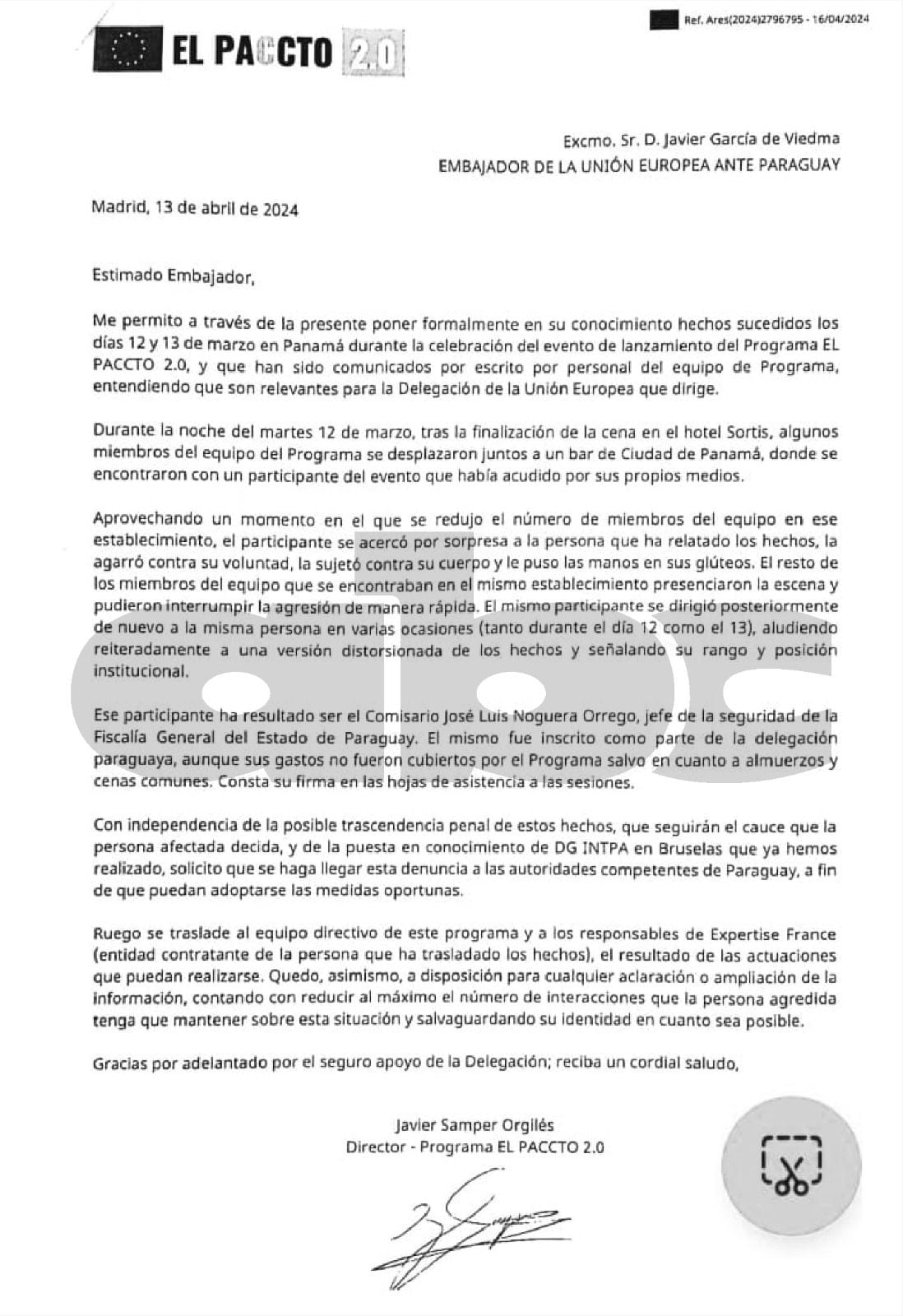 Denuncian por acoso al jefe de seguridad del Fiscal General del Estado. Captura de la nota emitida al embajador de la Unión Europea ante Paraguay.