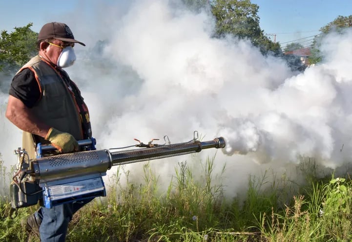 Un funcionario municipal opera una máquina fumigadora, con el objetivo de erradicar mosquitos Aedes aegypti que transmiten dengue y chikunguña.