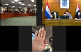 Alvarenga aparece sesionando de manera virtual en el cuadro de abajo y levanta su mano, a favor de la cesión en usufructo de un predio municipal en la Costanera a Bahía SA, semanas atrás.