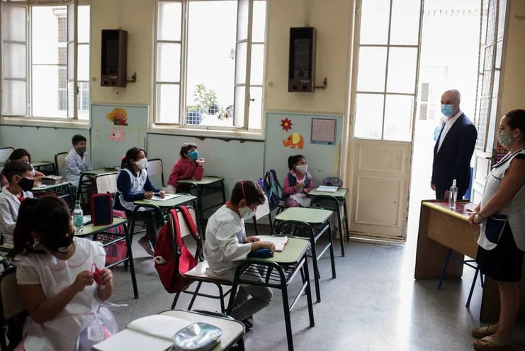 Salón de clases, al inicio del año lectivo 2021, en un colegio de Buenos Aires, Argentina.