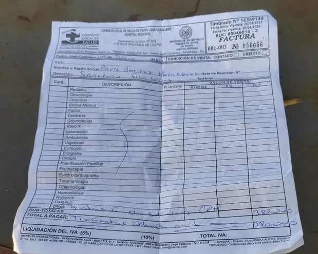 Factura que entregaron a los familiares del paciente por la sangre "comprada" del Hospital Regional de Pedro Juan Caballero.