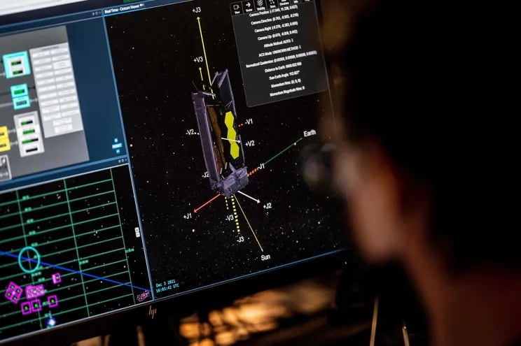 Centro de control del telescopio James Webb que será lanzado esta semana.