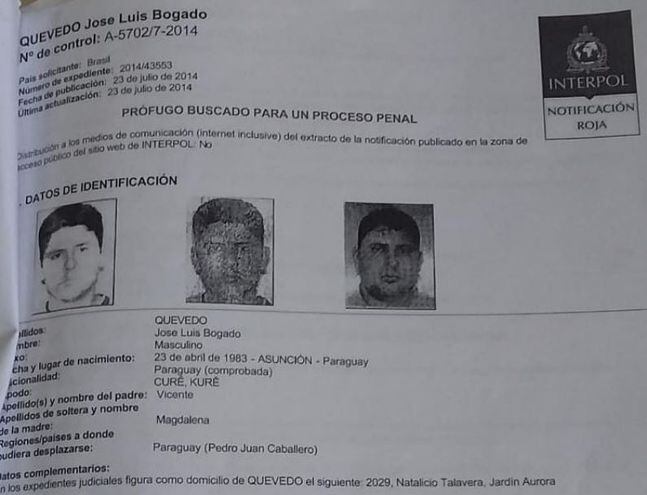 La notificación roja de Interpol sobre José Luis Bogado Quevedo, quien es buscado en Brasil desde 2014, donde incluso ya fue condenado.