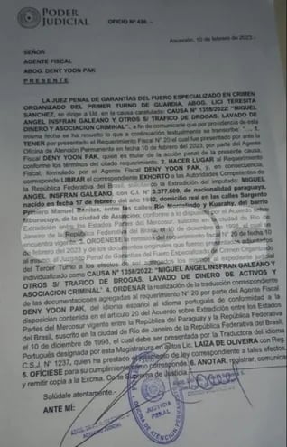 Exhorto para la extradición de Miguel Ángel Insfrán, alias Tío Rico.