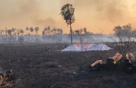 El fuego destruye todo lo que encuentra a su paso; así quedo un sector de uno de los establecimientos ganaderos afectados por el incendio forestal en el distrito de Fuerte Olimpo.