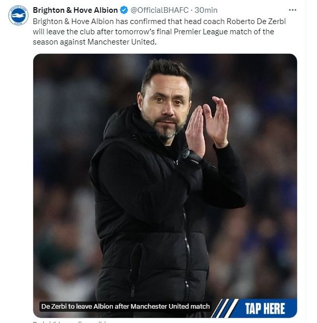 El comunicado del Brighton de Julio Enciso sobre la salida del entrenador italiano Roberto de Zerbi.