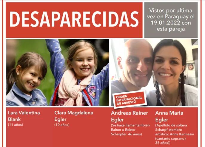 En la imagen, la foto de las niñas alemanas que están desaparecidas y la pareja que las trajo de manera ilegal a Paraguay.