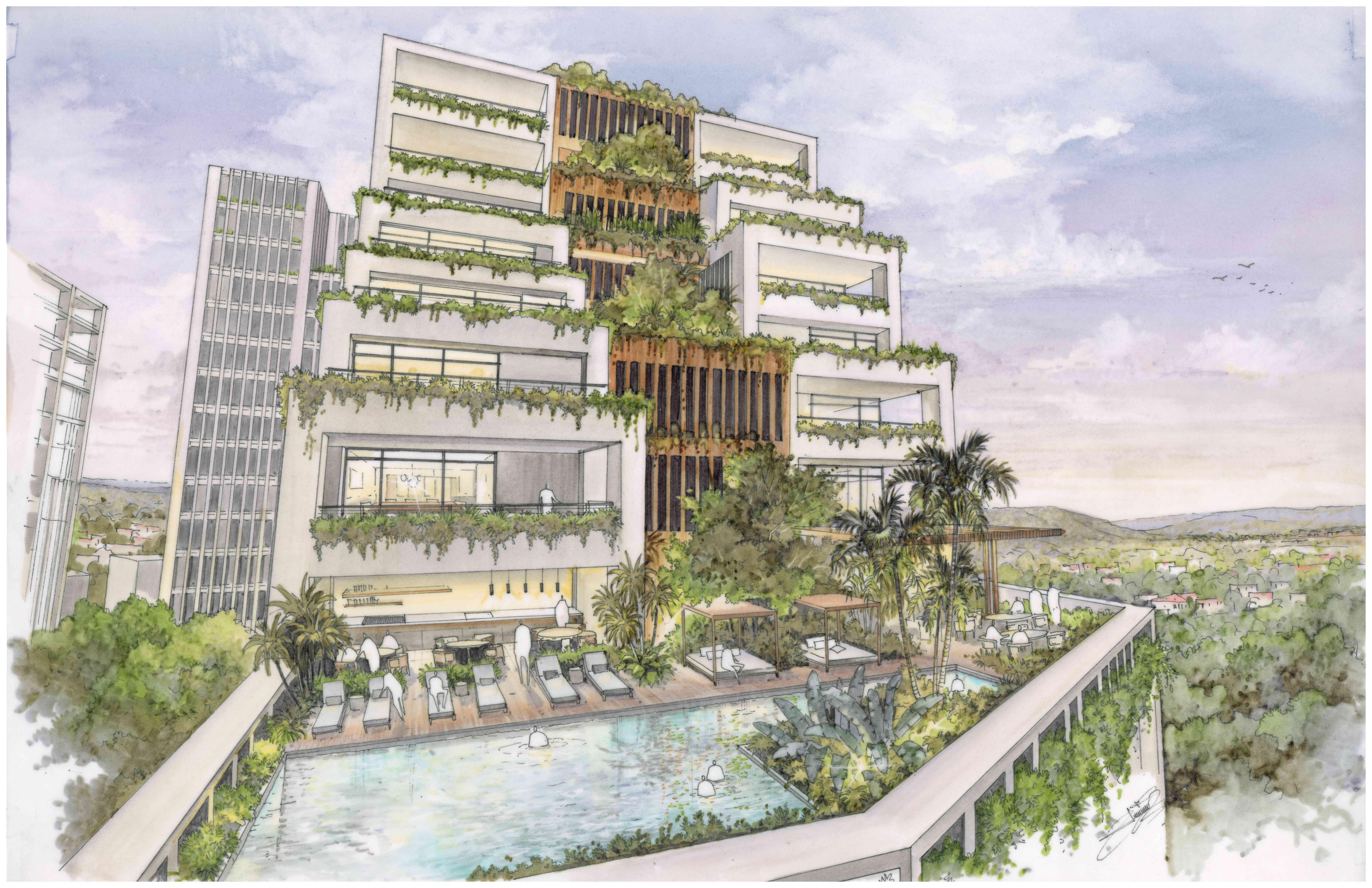 Imagen de cómo se verán las torres residenciales del proyecto, con mucho verde incorporado.