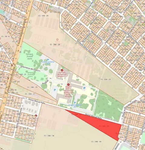 La finca 1.358 (en rojo), es parte del terreno del Parque de la Salud y está ubicada al costado del Hospital Central. Allí se construirá el Centro Hemato-oncológico del IPS, según el Pliego de Bases y Condiciones.