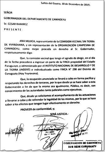Nota presentada por la lÃ­der campesina Ana Mujica, pidiendo al gobernador de CanindeyÃº la legitimaciÃ³n de la invasiÃ³n que iban a realizar a la finca NÂ° 290.