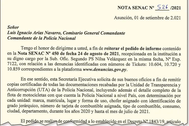Parte de la última nota enviada al comandante de la Policía, Luis Arias, por el ministro Anticorrupción, René Fernández, quien reclama información sobre un presunto desfalco.