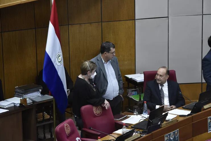 Desirée Masi (PDP), Amado Florentín (PLRA) y Óscar Salomón (FR) conversan en sala del Senado.