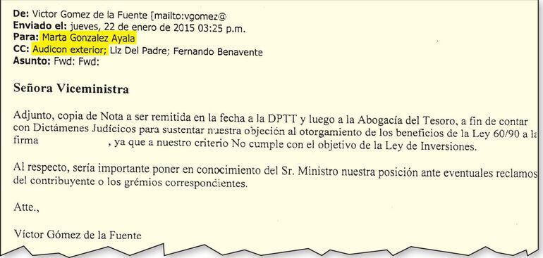 Correo de empresa de viceministra, en discusión interna de la SET