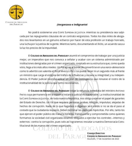Colegio de Abogados del Paraguay pide renuncia de Antonio Fretes a través de un comunicado.