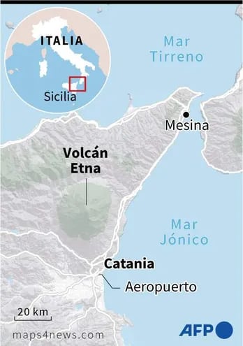 Mapa del nordeste de la isla italiana de Sicilia en que se ubica el volcán Etna.