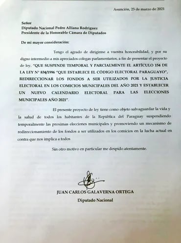 Nota firmada por Galaverna, que no obstante aclaró que oficialmente aún no le dio entrada al proyecto de Ley.