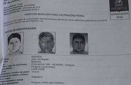 La notificación roja de Interpol sobre José Luis Bogado Quevedo, quien es buscado en Brasil desde 2014, donde incluso ya fue condenado.