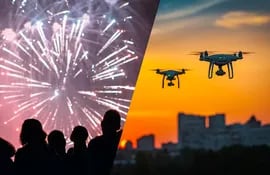 Imagen ilustrativa: fuegos artificiales y sobrevuelos de drone; dos actividades que tienen tasas en la Dinac.
