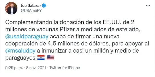 Joe Salazar, encargado de Negocios de los Estados Unidos en Paraguay anunció una nueva donación de USAID para la vacunación anticovid.