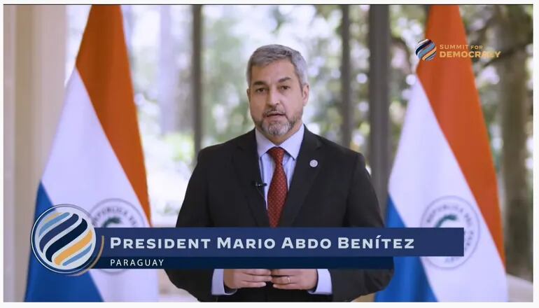 El presidente de la República, Mario Abdo Benítez,  pronunció hoy su discurso en la virtual Cumbre de la Democracia, un evento virtual organizado por el mandatario de los EE.UU., Joe Biden (foto gentileza).