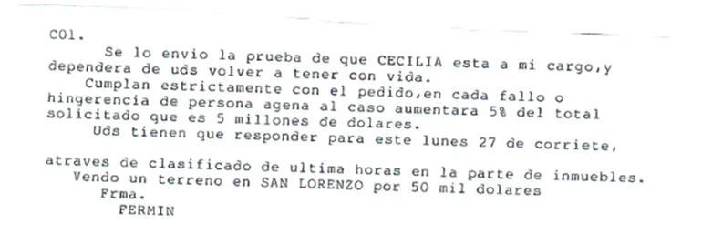 Comunicación 1 enviada a la familia de Cecilia Cubas el 24 de setiembre de 2004.