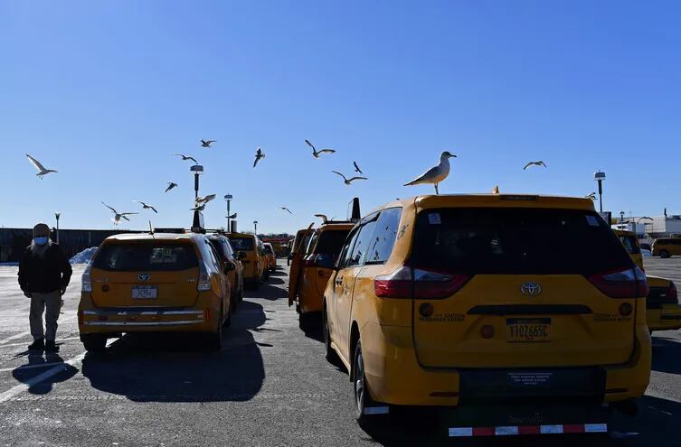 Taxistas esperan en línea a sus clientes en el aeropuerto de LaGuardia, en la ciudad de Nueva York.