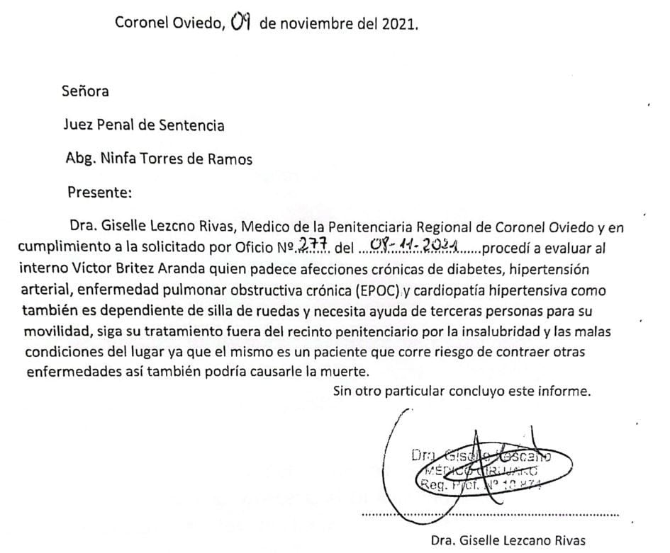 El informe médico entregado por la Dra. Giselle Lezcano Rivas, de la Penitenciaría Regional de Coronel Oviedo.