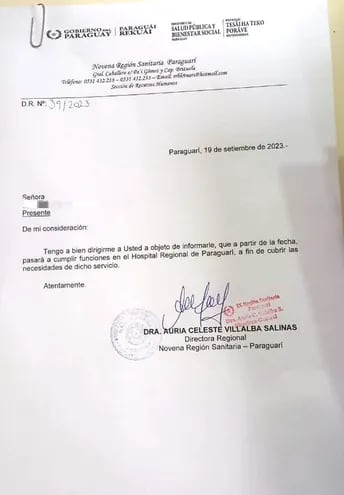 La notificación que recibieron las licenciadas afectadas por la disposición de la Directora de la IX Región Sanitaria, Dra. Auria Villalba.