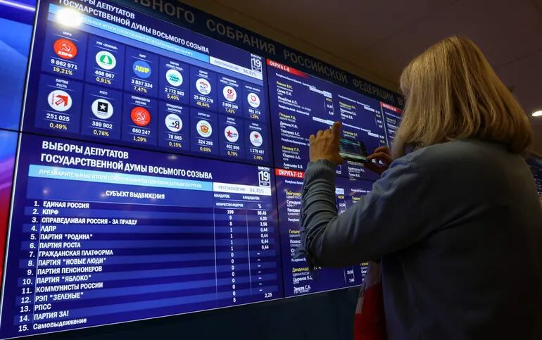 Una mujer fotografía una pantalla que exhibe los resultados preliminares de la votación.
