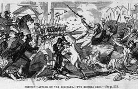 Militares disparan a los huelguistas en Preston, Lancashire, The Illustrated London News, 20 de agosto de 1842.