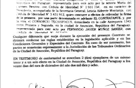 Parte del contrato firmado el año pasado entre la presidenta de la Opaci María del Carmen Benítez y Fernando Muñoz Sanier, de Tecsisfocus, no homologado por la ANTSV.