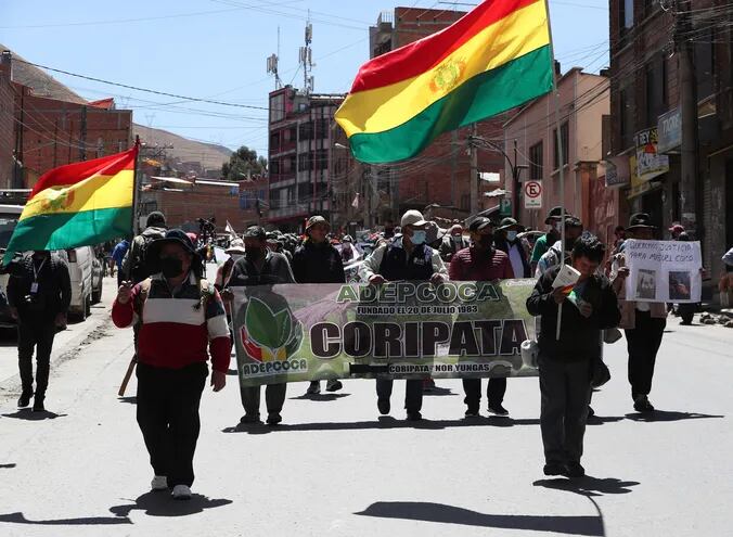 Miembros de la Asociación Departamental de Productores de Coca (Adepcoca) se manifiestan en La Paz (Bolivia).