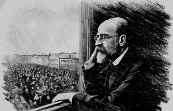 Émile Durkheim contemplando a la multitud. Dibujo de Mon Tzé para El Suplemento Cultural, diciembre de 2023.