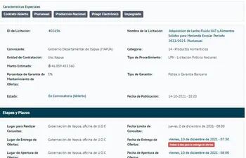 Captura de pantalla de la convocatoria en la cual se cambia la fecha de entrega de ofertas.