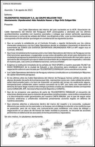 La Asociación de Cable Operadores del Interior del Paraguay (ACIP) remitió una nota a Teledeportes Paraguay S.A. del Grupo Millicom Tigo.