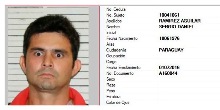 Prontuario penal de Sergio Daniel Ramírez Aguilar, vigente hace unos 25 años y en el que se consignan todos los crímenes que cometió.