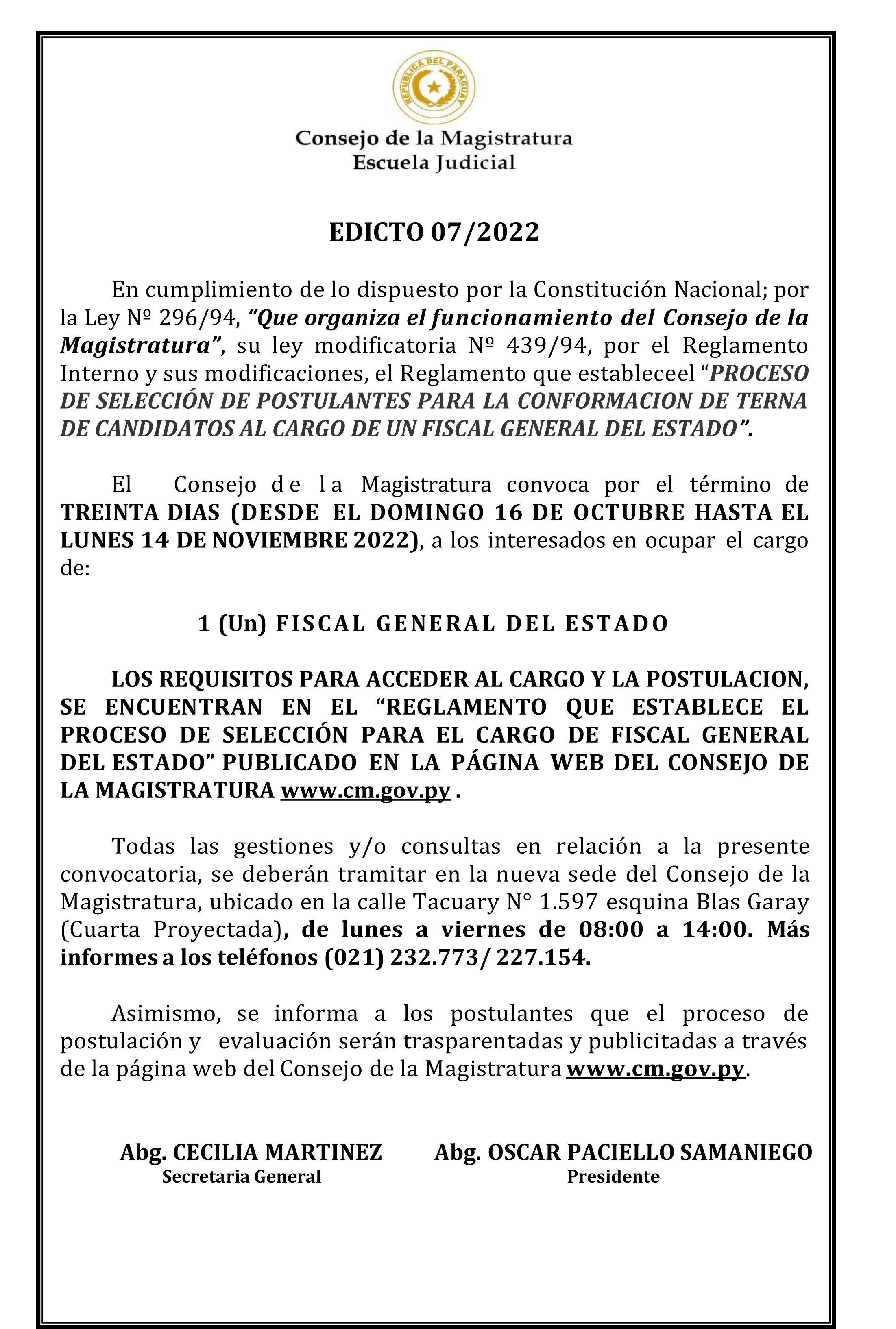 Edicto N° 7/2022 para el cargo de fiscal general del Estado donde consta que las inscripciones son de lunes a viernes y de 8:00 a 14:00.