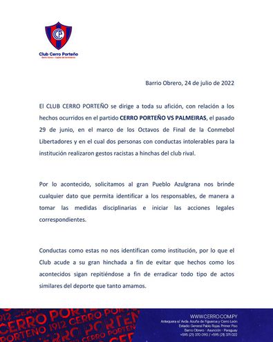Comunicado oficial del Club Cerro Porteño.