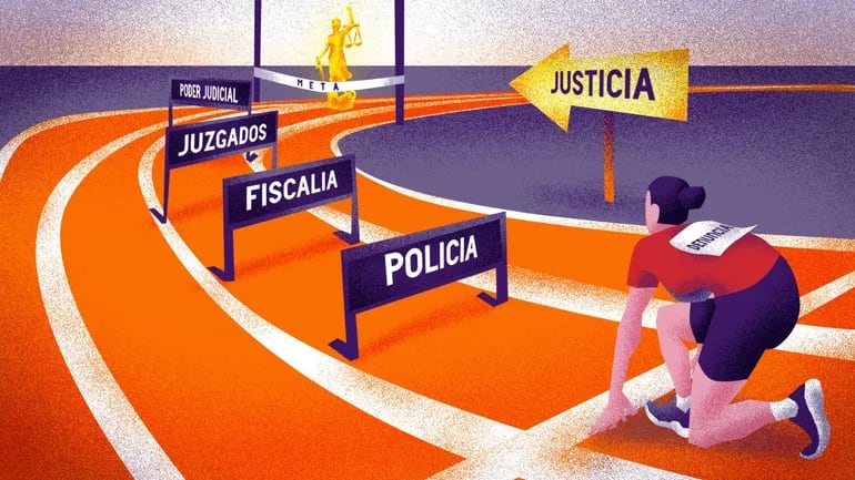 Las mujeres enfrentarse a un sinfín de obstáculos para conseguir justica en casos de violencia de género. Ilustración de Leda Sostoa para ABC Color.
