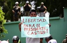 Un partidario del expresidente peruano Pedro Castillo sostiene una pancarta que dice "Libertad para el presidente Castillo" durante una manifestación exigiendo su liberación frente a la dependencia policial.
